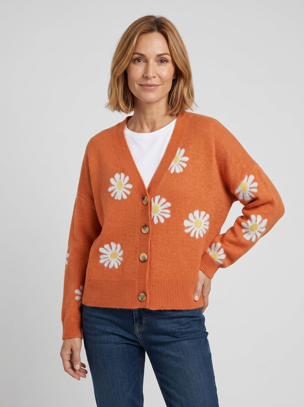 Ysmera | Women's Knit Cardigan – Daisy Pattern Button-Front Sweater with Long Sleeves