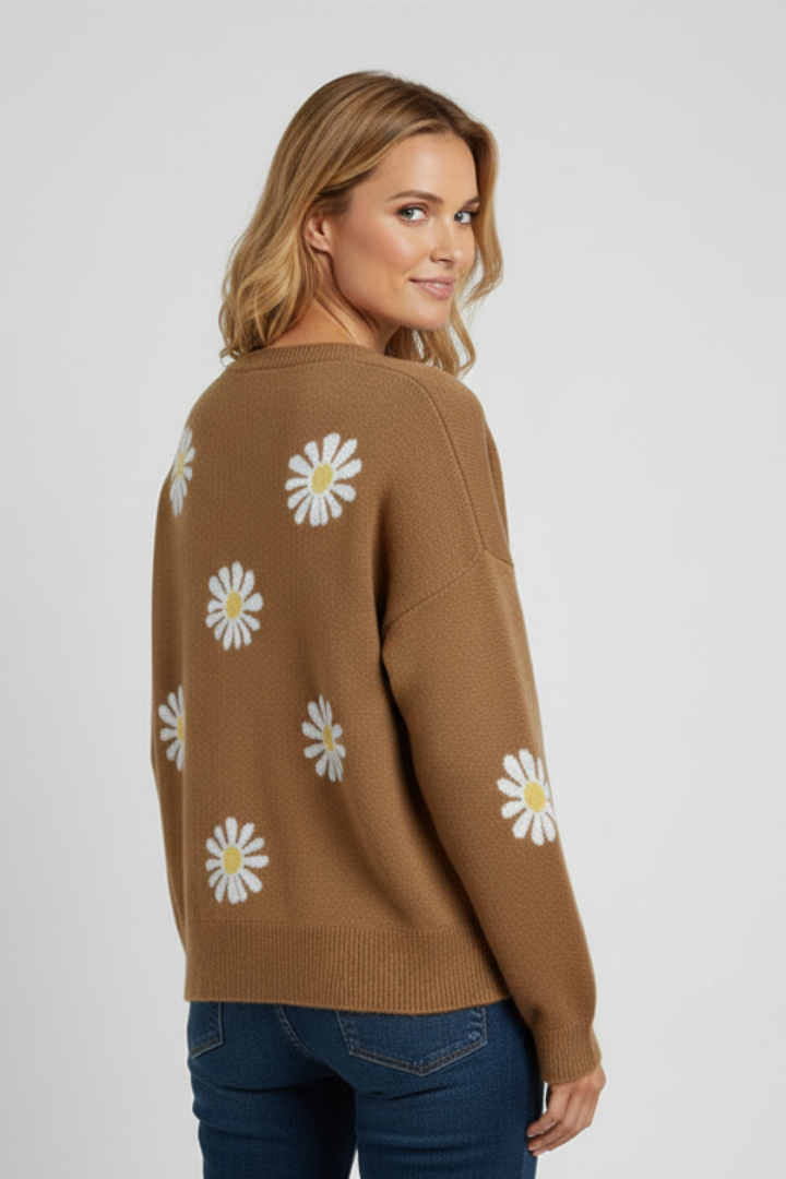 Ysmera | Women's Knit Cardigan – Daisy Pattern Button-Front Sweater with Long Sleeves