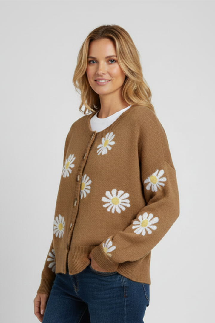 Ysmera | Women's Knit Cardigan – Daisy Pattern Button-Front Sweater with Long Sleeves
