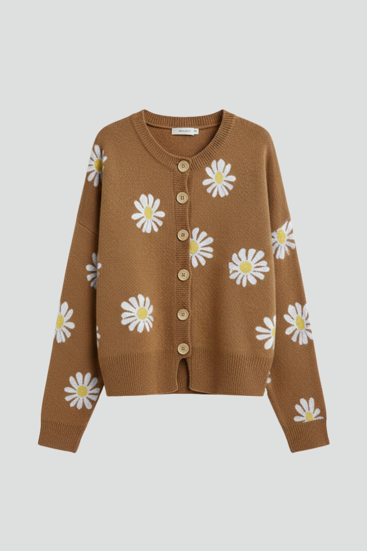 Ysmera | Women's Knit Cardigan – Daisy Pattern Button-Front Sweater with Long Sleeves