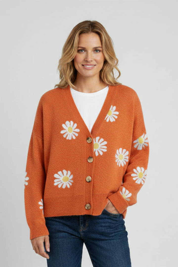 Ysmera | Women's Knit Cardigan – Daisy Pattern Button-Front Sweater with Long Sleeves