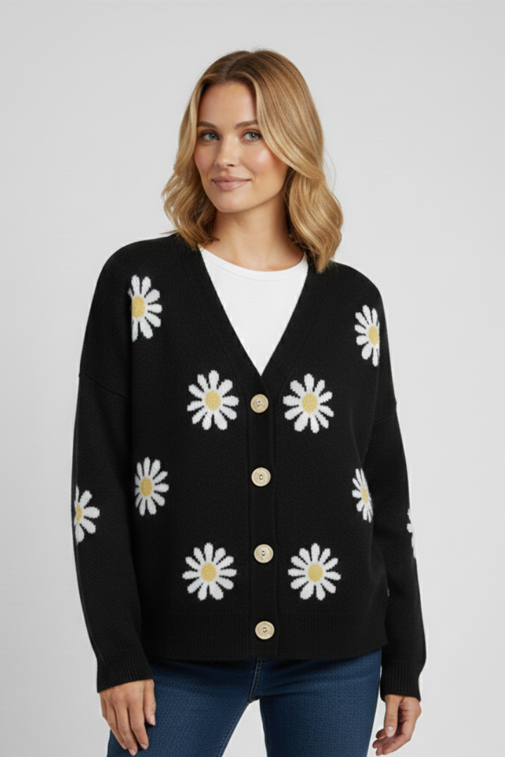Ysmera | Women's Knit Cardigan – Daisy Pattern Button-Front Sweater with Long Sleeves