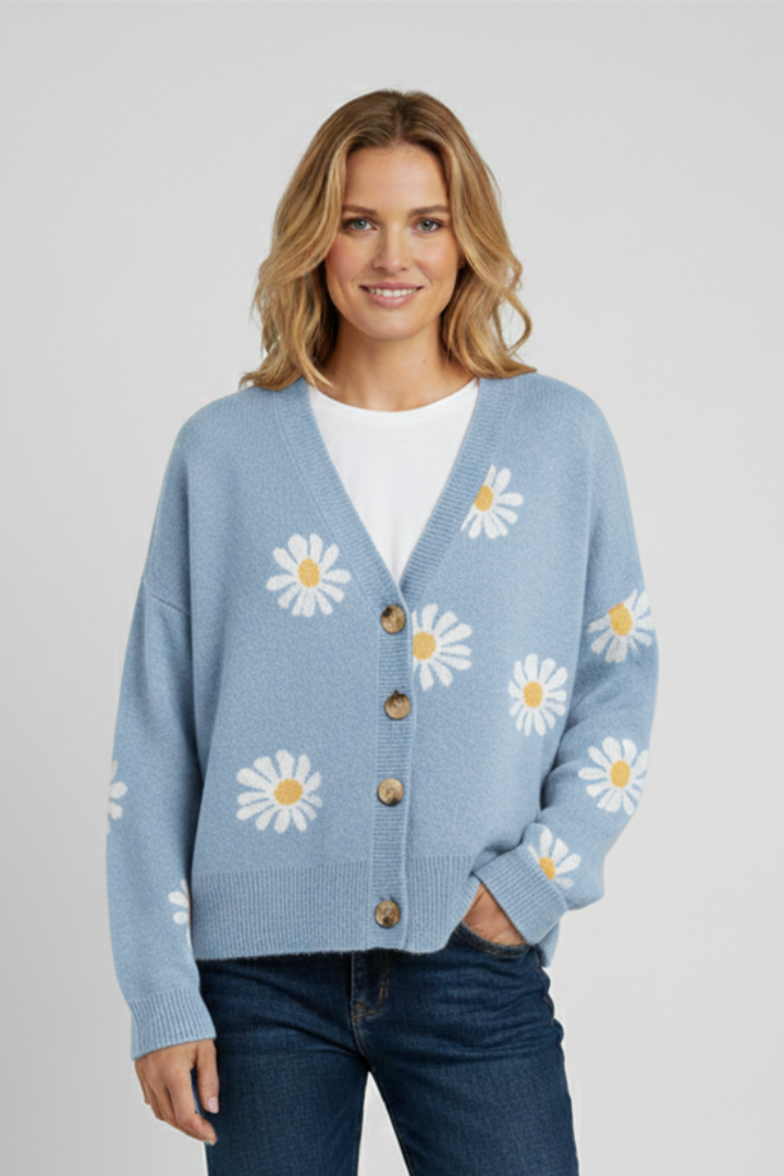 Ysmera | Women's Knit Cardigan – Daisy Pattern Button-Front Sweater with Long Sleeves