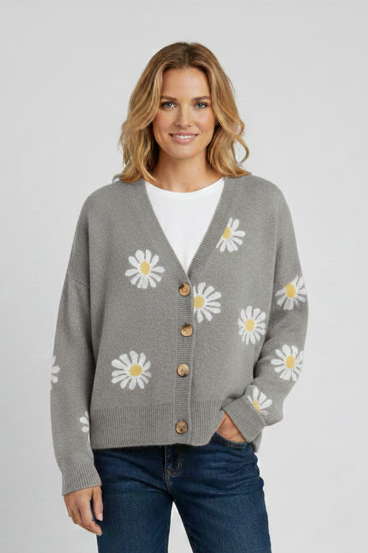 Ysmera | Women's Knit Cardigan – Daisy Pattern Button-Front Sweater with Long Sleeves