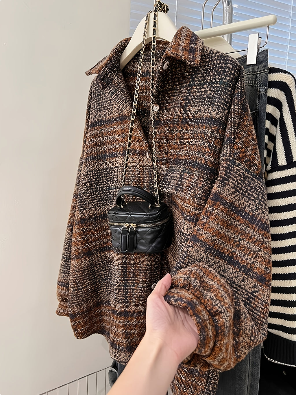 Ysoria | Women’s Plaid Tweed Coat – Mid-Length Button-Front Jacket