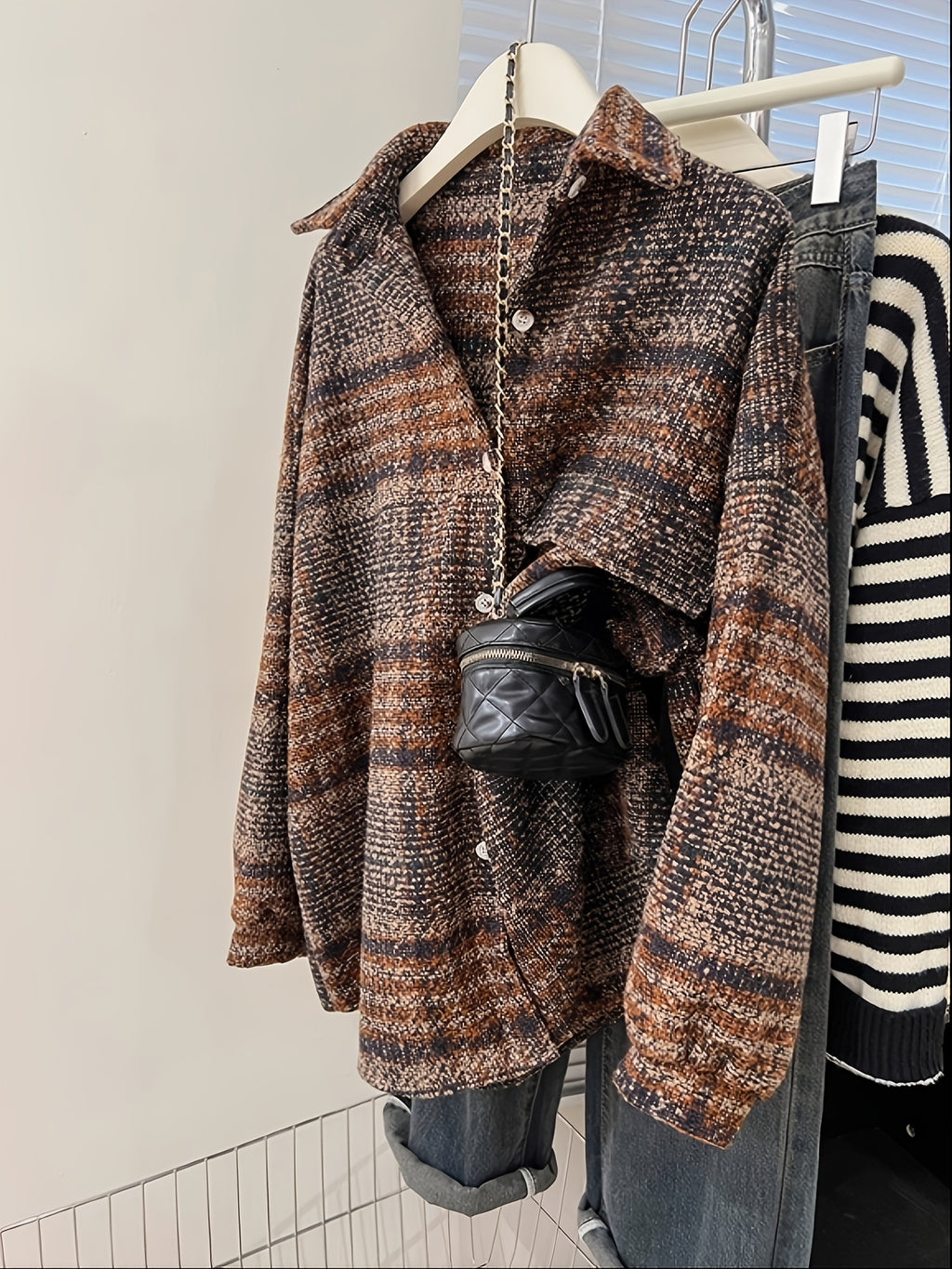 Ysoria | Women’s Plaid Tweed Coat – Mid-Length Button-Front Jacket