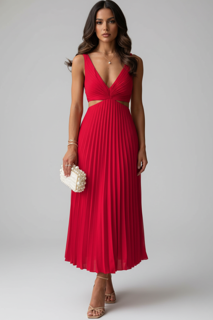 Yuna | Women’s V-Neck Pleated Midi Dress – Sleeveless Cut-Out Waist