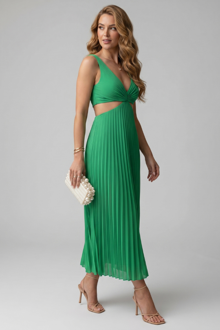 Yuna | Women’s V-Neck Pleated Midi Dress – Sleeveless Cut-Out Waist