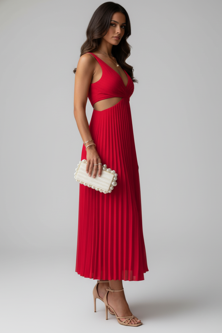Yuna | Women’s V-Neck Pleated Midi Dress – Sleeveless Cut-Out Waist