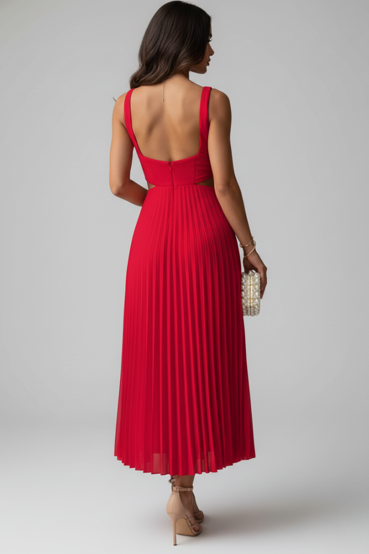 Yuna | Women’s V-Neck Pleated Midi Dress – Sleeveless Cut-Out Waist
