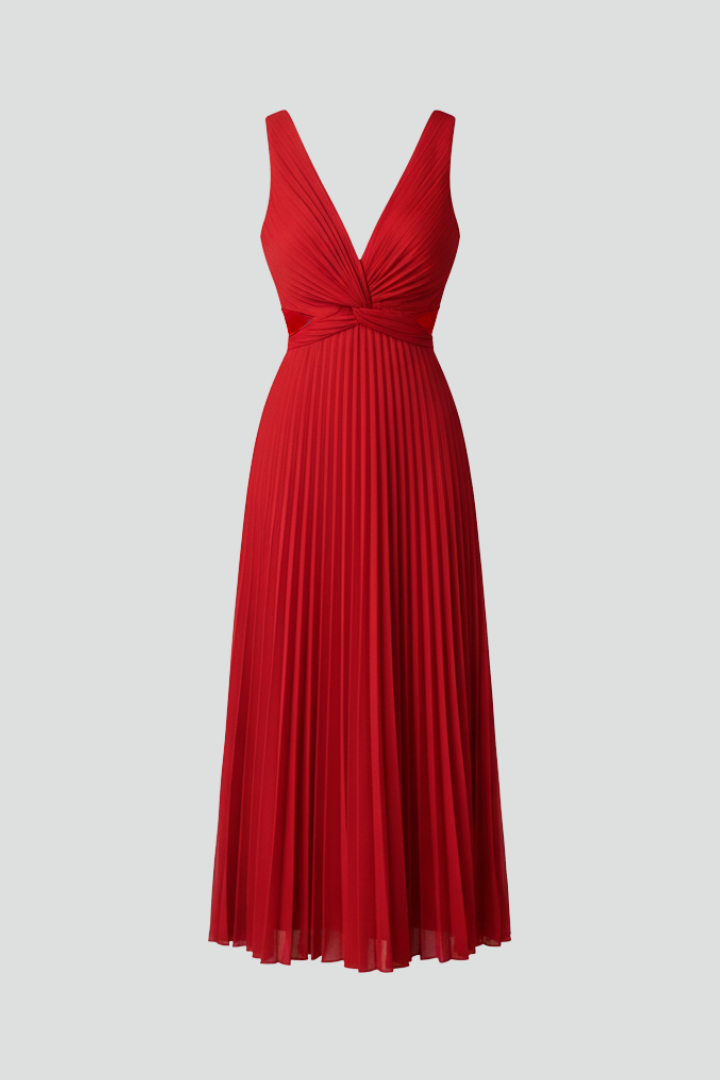 Yuna | Women’s V-Neck Pleated Midi Dress – Sleeveless Cut-Out Waist