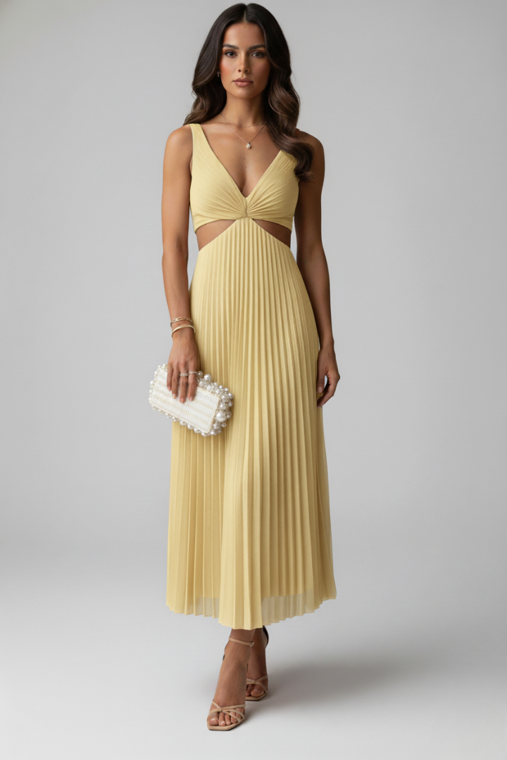 Yuna | Women’s V-Neck Pleated Midi Dress – Sleeveless Cut-Out Waist