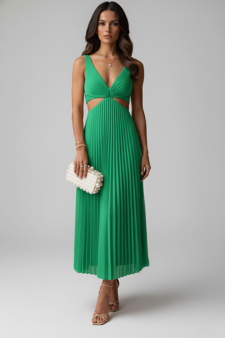 Yuna | Women’s V-Neck Pleated Midi Dress – Sleeveless Cut-Out Waist