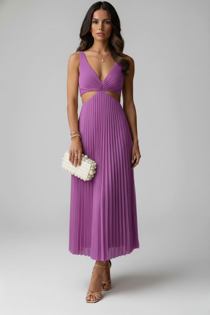 Yuna | Women’s V-Neck Pleated Midi Dress – Sleeveless Cut-Out Waist