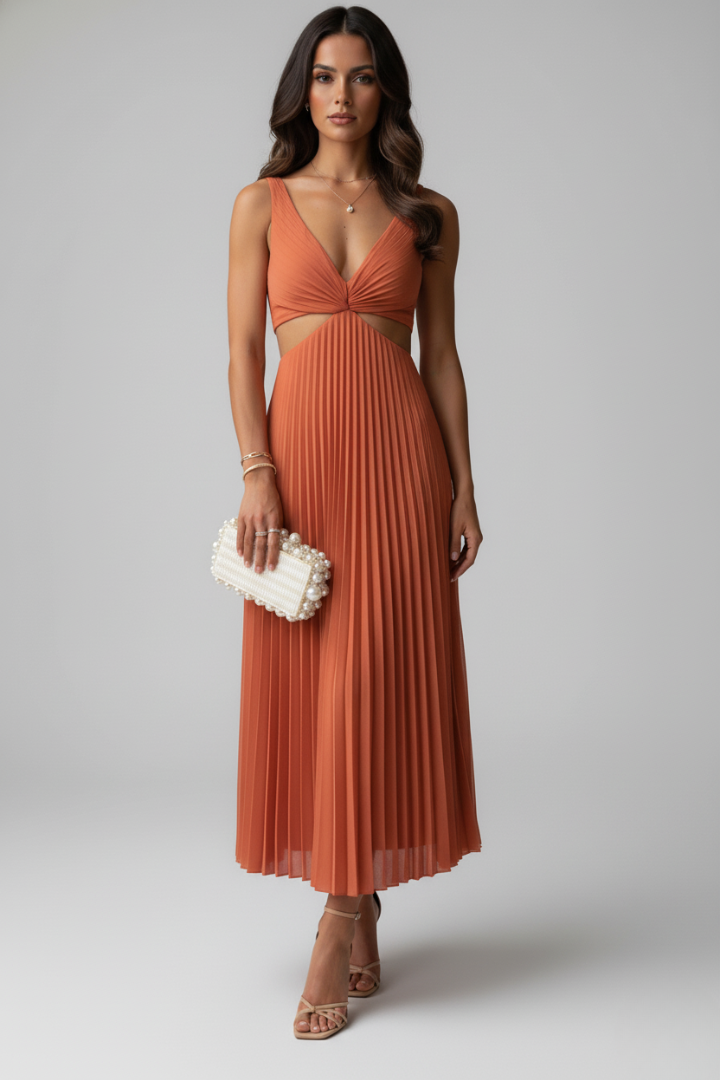 Yuna | Women’s V-Neck Pleated Midi Dress – Sleeveless Cut-Out Waist