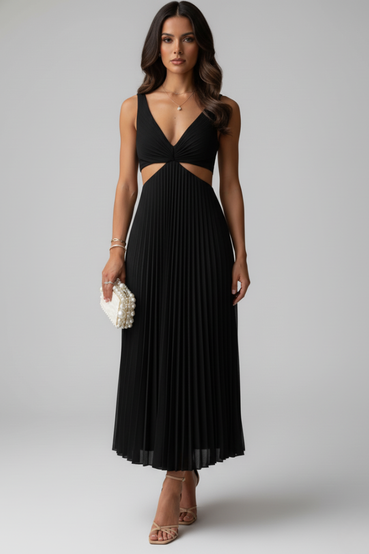 Yuna | Women’s V-Neck Pleated Midi Dress – Sleeveless Cut-Out Waist