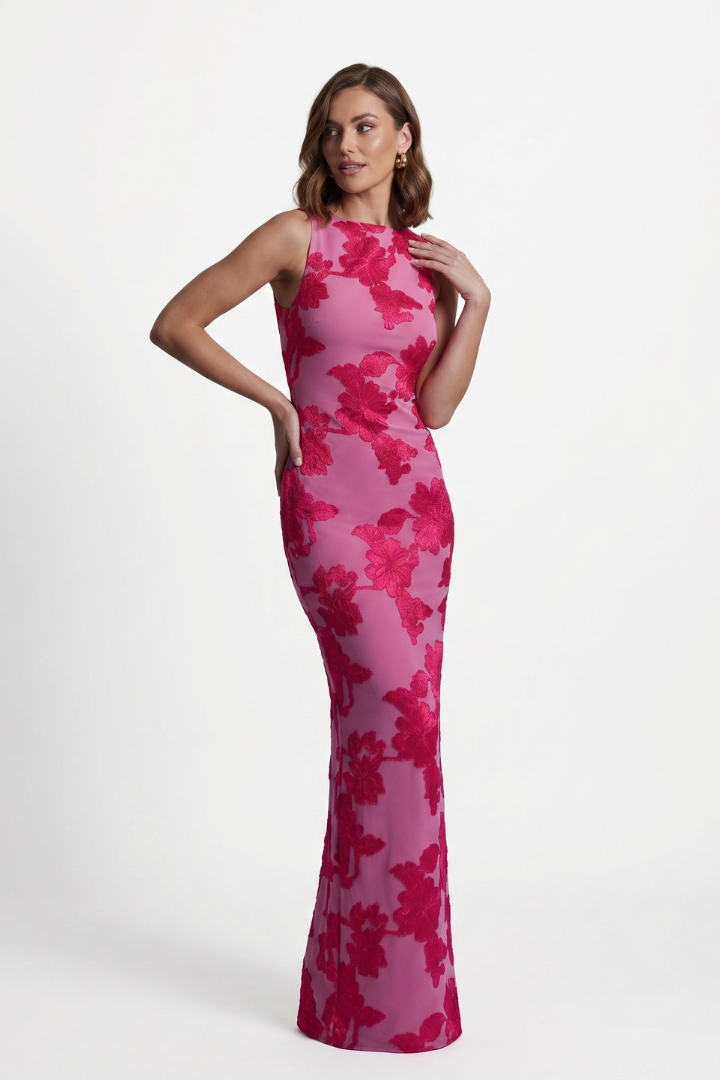 Yvette | Women's Floral Maxi Dress - High Neck Sleeveless Fitted Long Dress