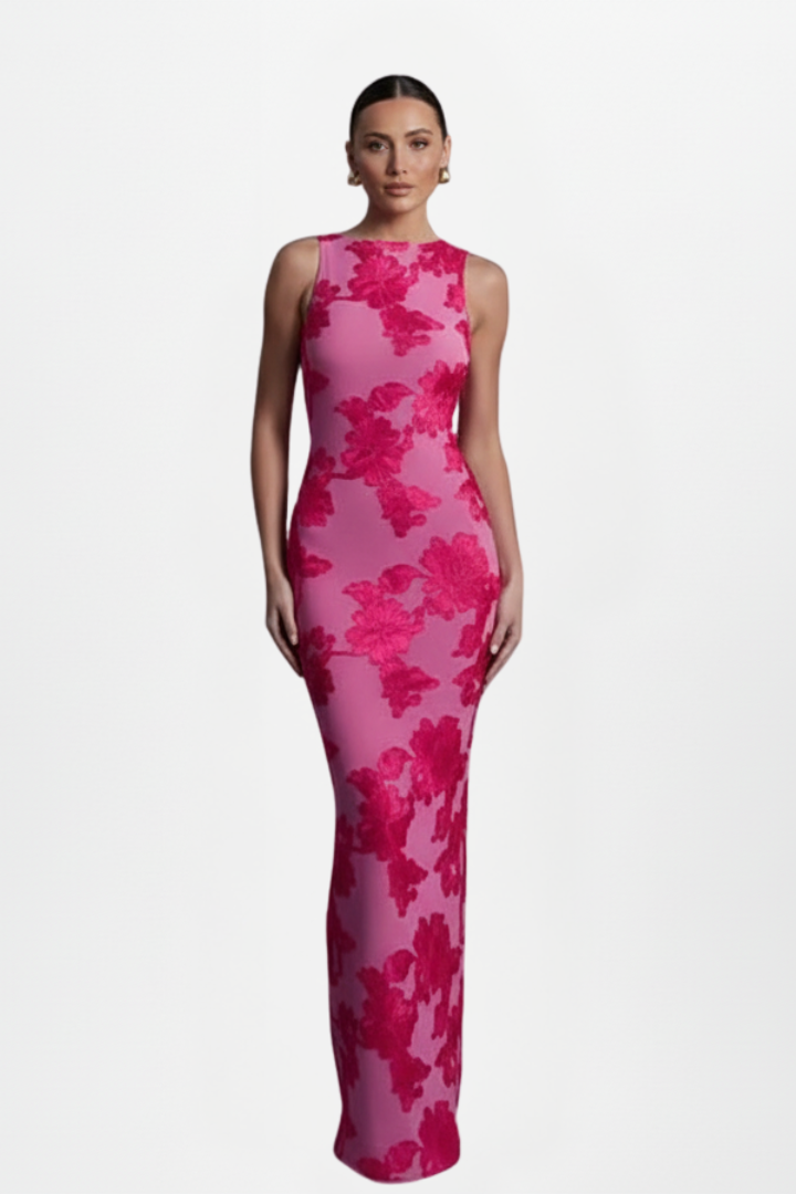 Yvette | Women's Floral Maxi Dress - High Neck Sleeveless Fitted Long Dress