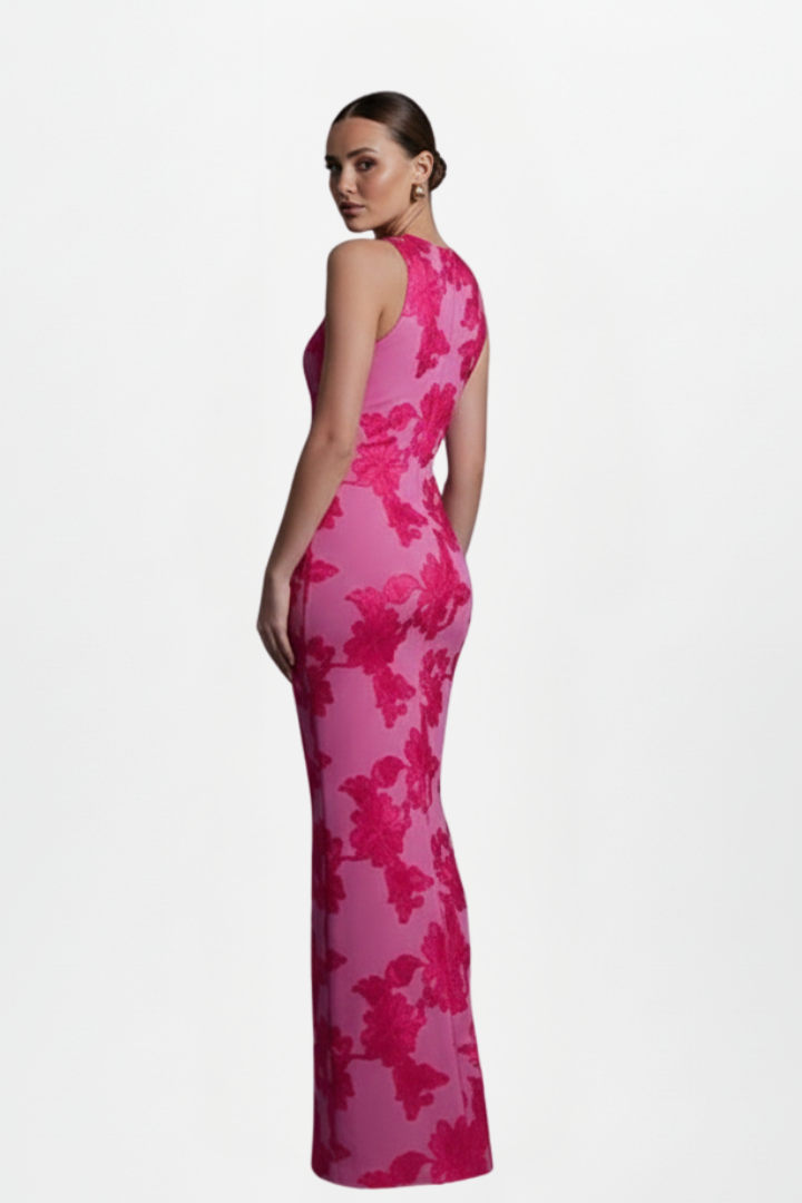 Yvette | Women's Floral Maxi Dress - High Neck Sleeveless Fitted Long Dress