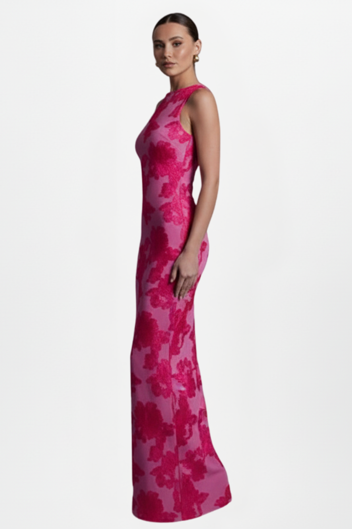 Yvette | Women's Floral Maxi Dress - High Neck Sleeveless Fitted Long Dress