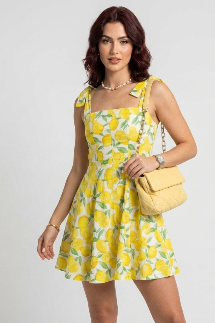 Zafira | Women’s Square Neck Mini Dress – Sleeveless A-Line, Bow Strap Tie, Fruit Print