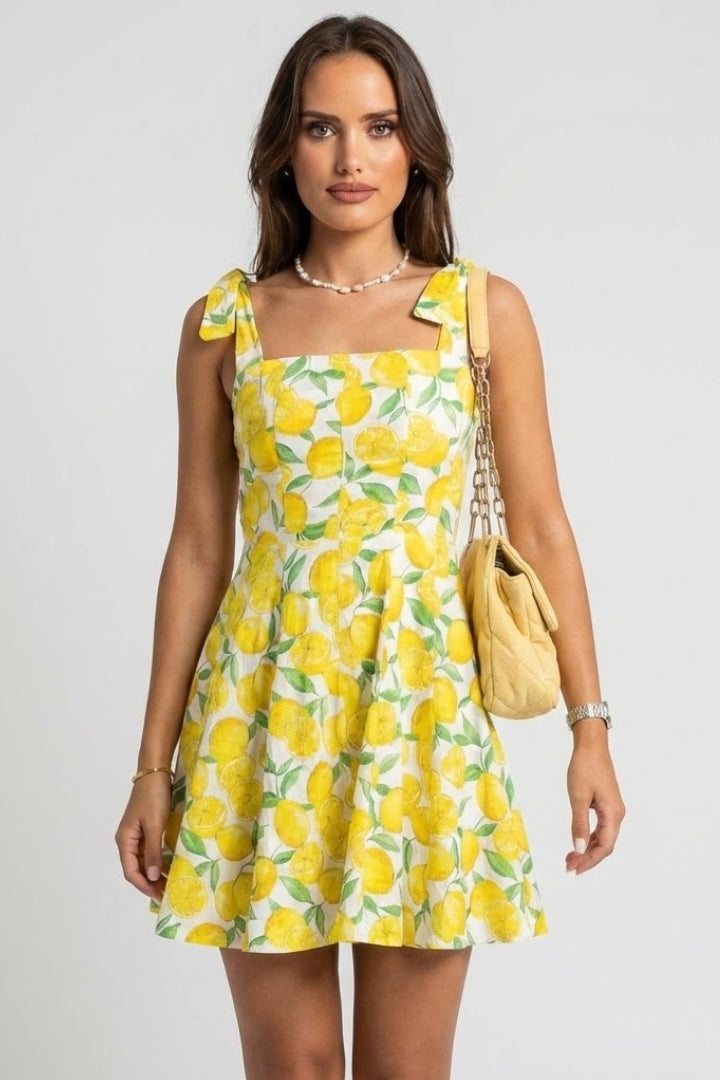 Zafira | Women’s Square Neck Mini Dress – Sleeveless A-Line, Bow Strap Tie, Fruit Print