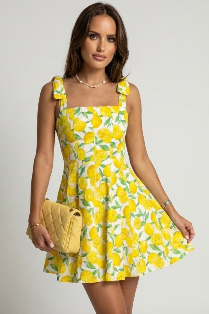 Zafira | Women’s Square Neck Mini Dress – Sleeveless A-Line, Bow Strap Tie, Fruit Print