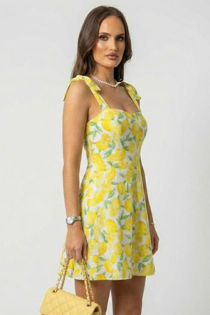 Zafira | Women’s Square Neck Mini Dress – Sleeveless A-Line, Bow Strap Tie, Fruit Print