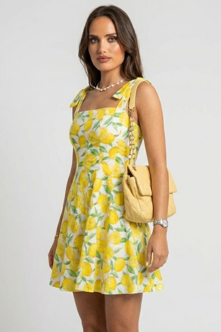 Zafira | Women’s Square Neck Mini Dress – Sleeveless A-Line, Bow Strap Tie, Fruit Print