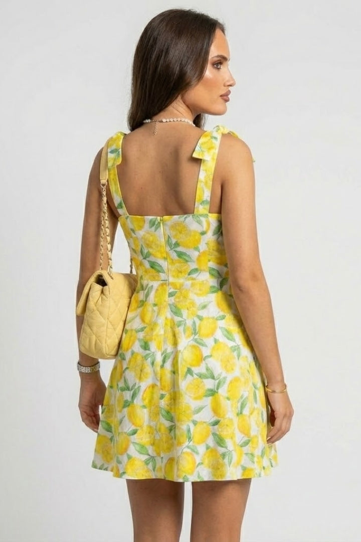 Zafira | Women’s Square Neck Mini Dress – Sleeveless A-Line, Bow Strap Tie, Fruit Print