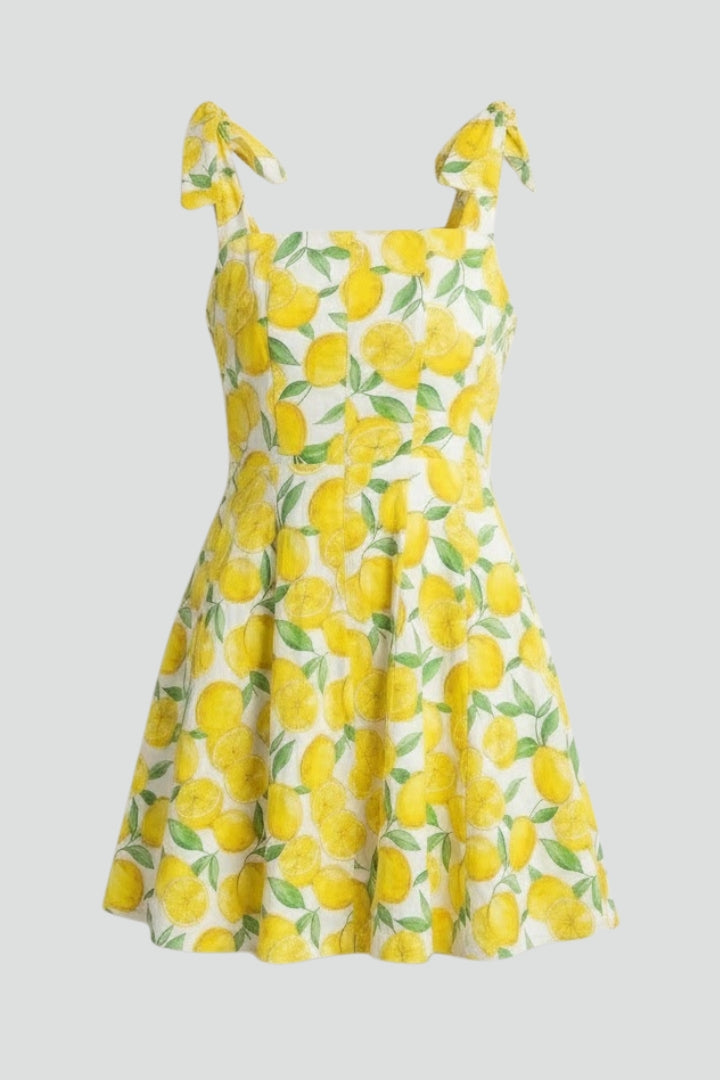 Zafira | Women’s Square Neck Mini Dress – Sleeveless A-Line, Bow Strap Tie, Fruit Print