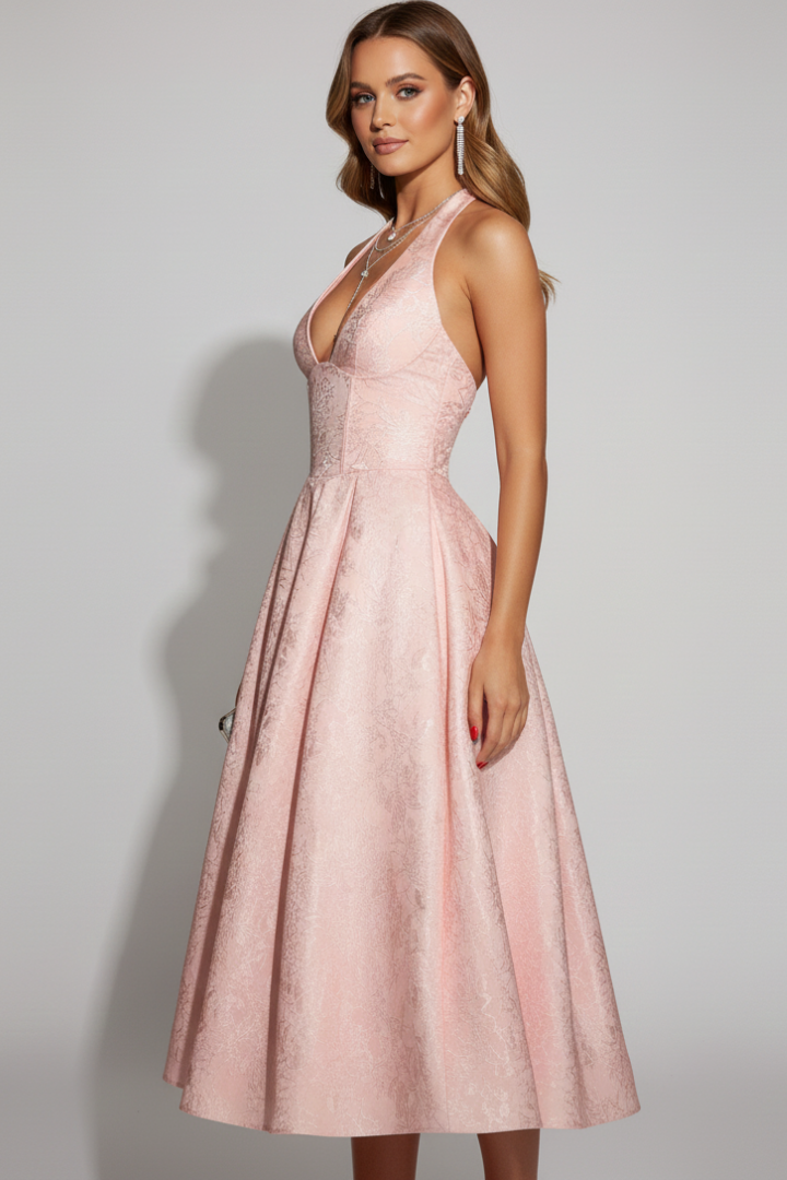 Zafrina | Women’s Halter Midi Dress – Jacquard Flared Skirt, Elegant Party & Occasion Dress