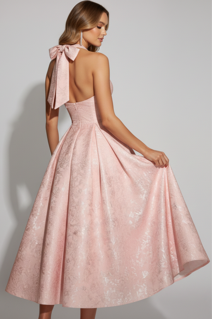 Zafrina | Women’s Halter Midi Dress – Jacquard Flared Skirt, Elegant Party & Occasion Dress