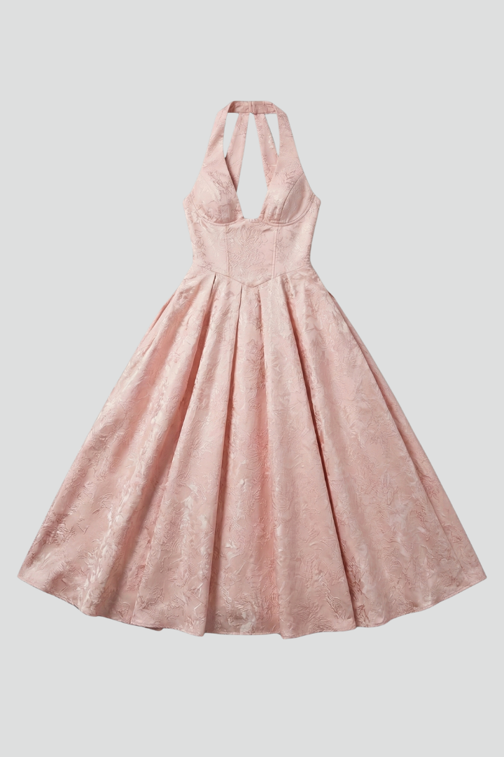 Zafrina | Women’s Halter Midi Dress – Jacquard Flared Skirt, Elegant Party & Occasion Dress