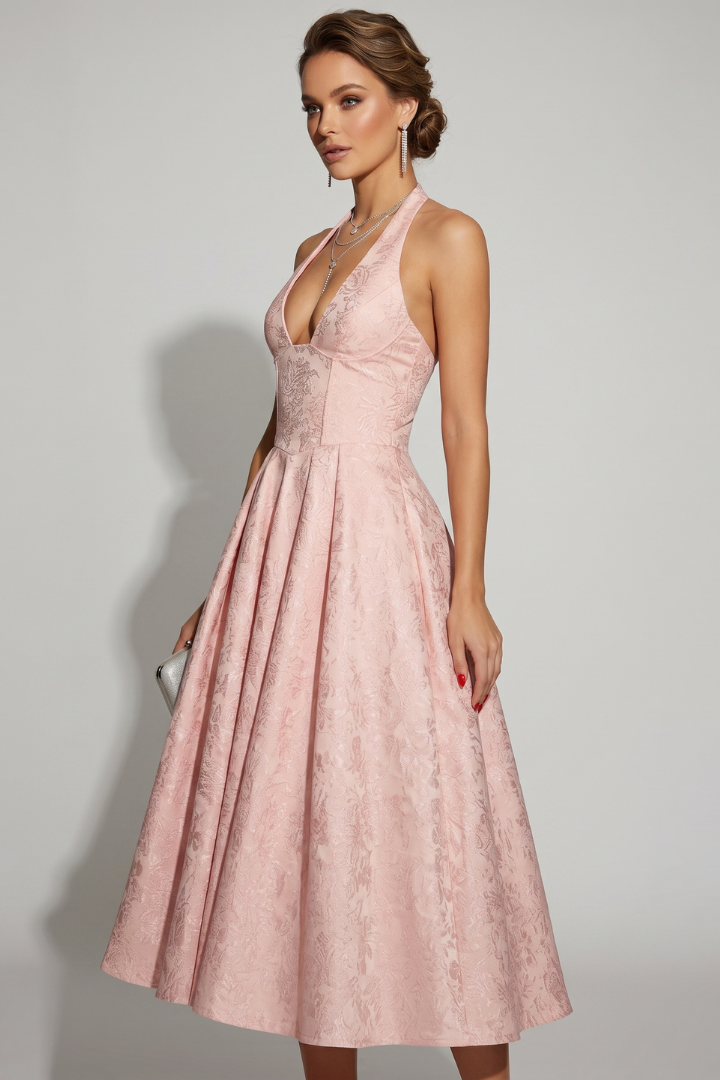 Zafrina | Women’s Halter Midi Dress – Jacquard Flared Skirt, Elegant Party & Occasion Dress