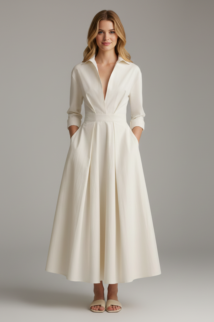 Zara | Women's Elegant Midi Dress – Button Front Long Sleeve Waist Detail Shirt Dress