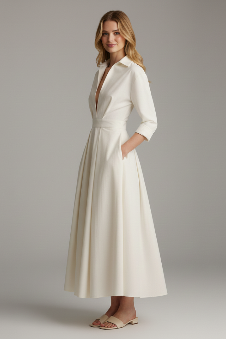 Zara | Women's Elegant Midi Dress – Button Front Long Sleeve Waist Detail Shirt Dress