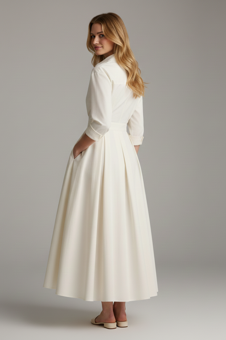 Zara | Women's Elegant Midi Dress – Button Front Long Sleeve Waist Detail Shirt Dress