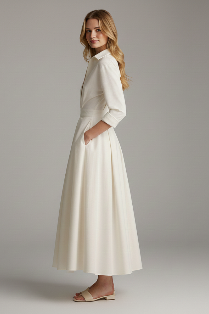 Zara | Women's Elegant Midi Dress – Button Front Long Sleeve Waist Detail Shirt Dress
