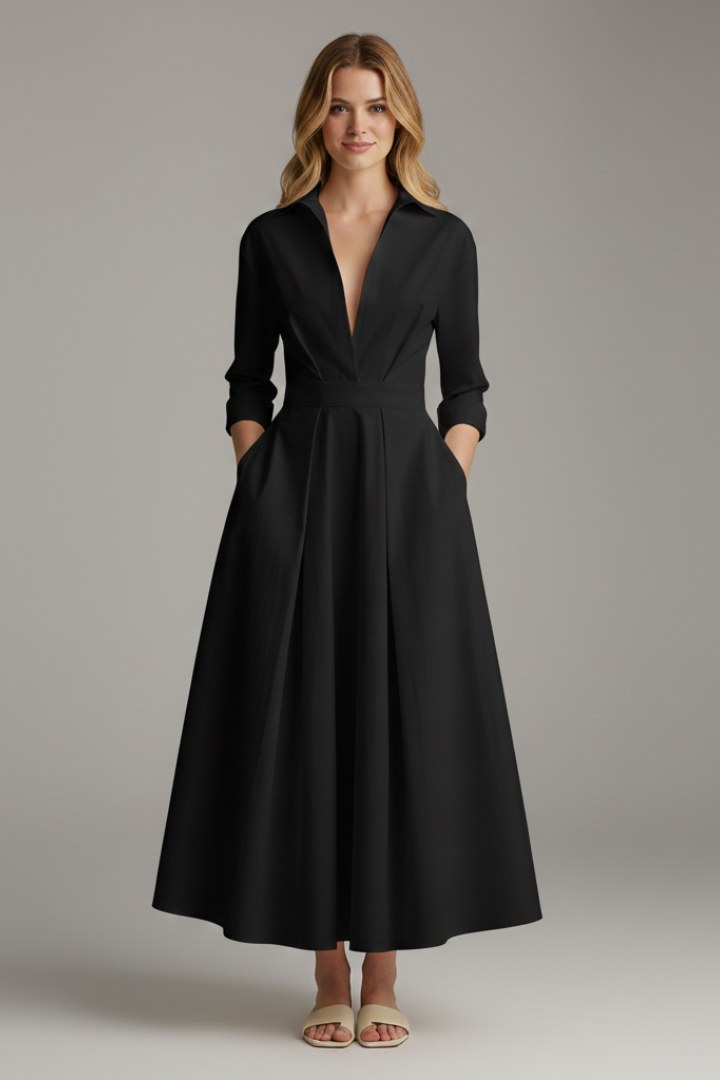 Zara | Women's Elegant Midi Dress – Button Front Long Sleeve Waist Detail Shirt Dress