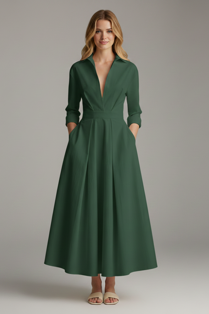 Zara | Women's Elegant Midi Dress – Button Front Long Sleeve Waist Detail Shirt Dress