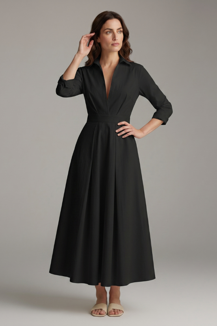 Zara | Women's Elegant Midi Dress – Button Front Long Sleeve Waist Detail Shirt Dress