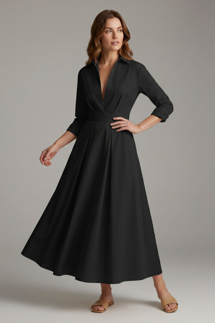 Zara | Women's Elegant Midi Dress – Button Front Long Sleeve Waist Detail Shirt Dress