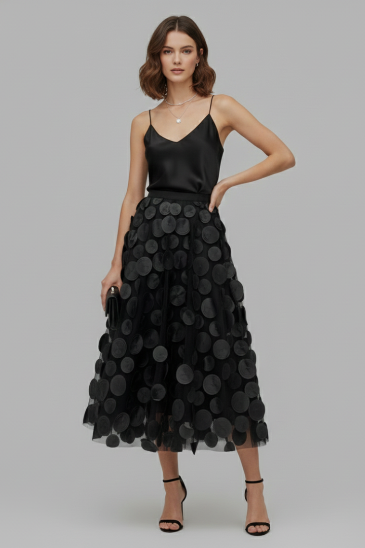 Zella | Women's A-Line Mesh Skirt – Layered Polka Dot Tulle Midi Skirt
