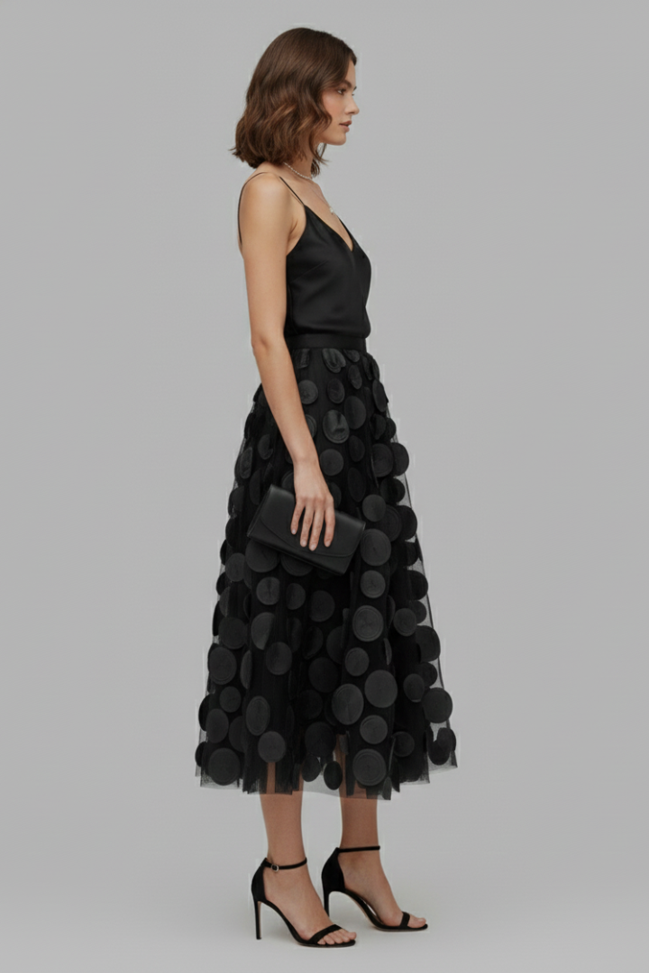 Zella | Women's A-Line Mesh Skirt – Layered Polka Dot Tulle Midi Skirt