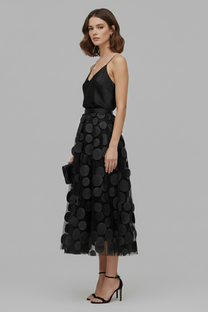 Zella | Women's A-Line Mesh Skirt – Layered Polka Dot Tulle Midi Skirt