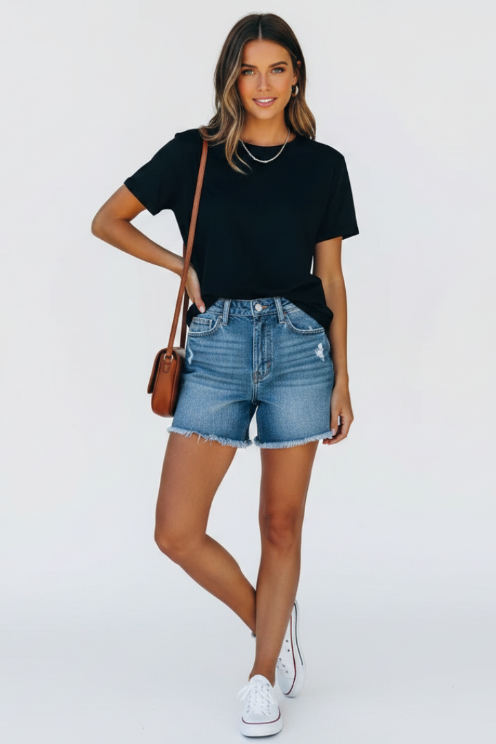 Zelora | Women’s Frayed Hem Ripped Denim Shorts - Mid Rise Distressed Casual Summer Shorts