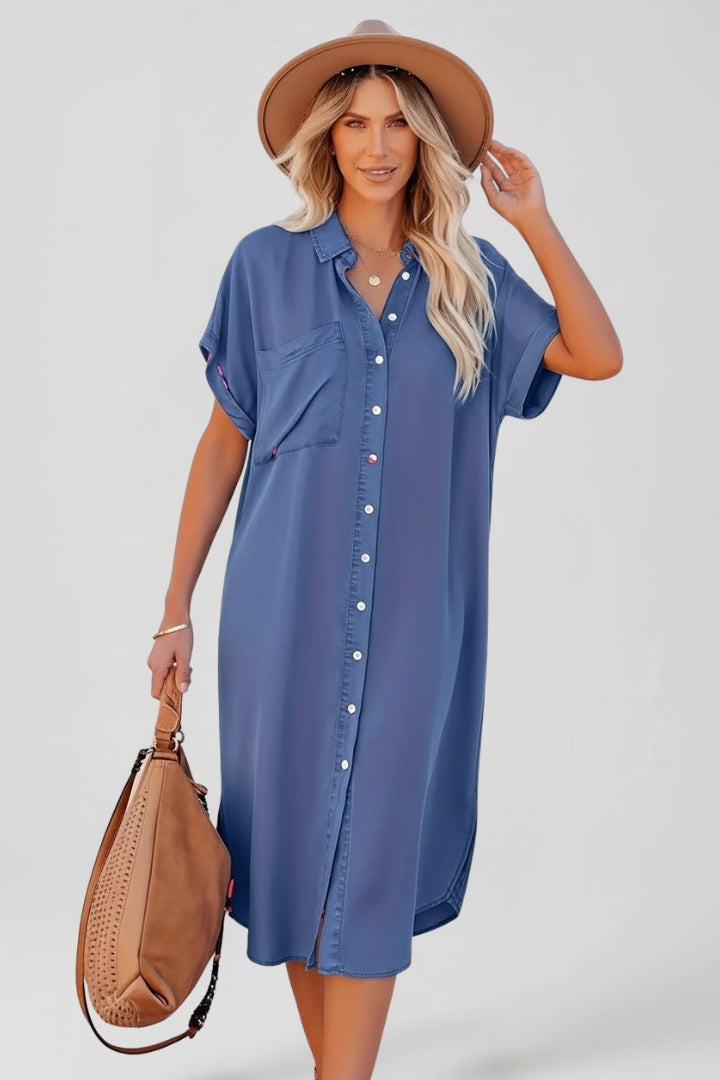 Zena | Women’s Button Down Shirt Dress – Casual Short Sleeve Collared Midi Dress