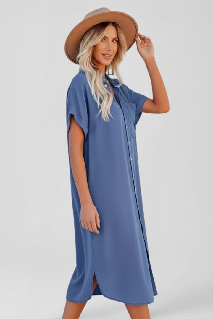 Zena | Women’s Button Down Shirt Dress – Casual Short Sleeve Collared Midi Dress