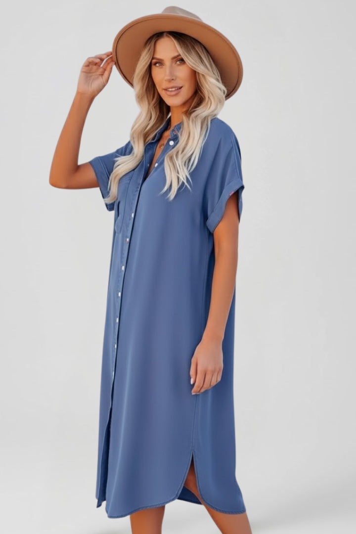 Zena | Women’s Button Down Shirt Dress – Casual Short Sleeve Collared Midi Dress